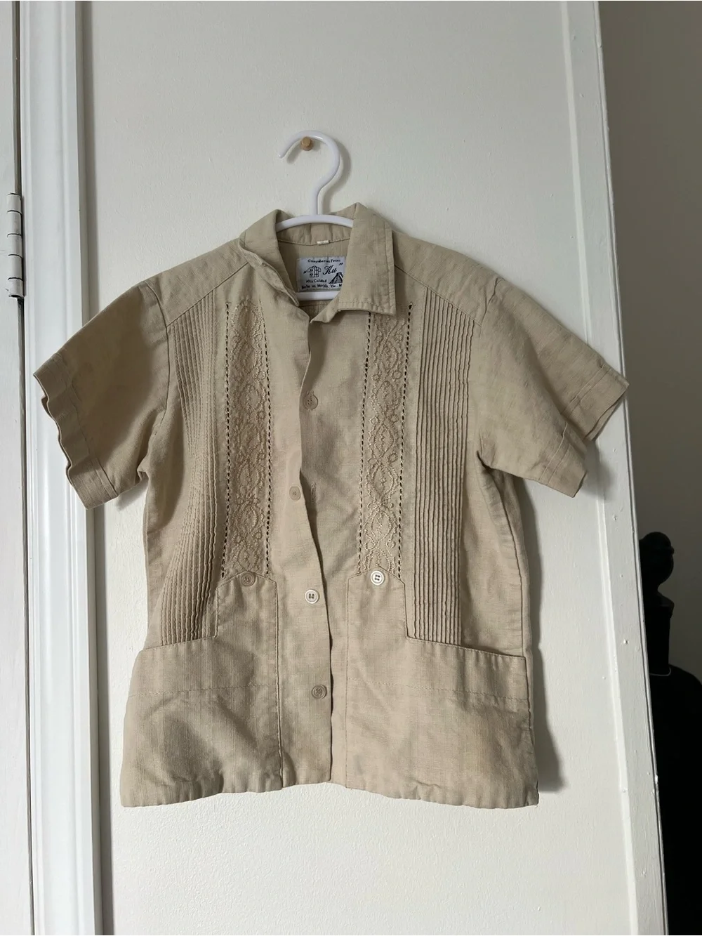 Kids Guayabera Shirt Size 8 Beige Embroidered Pintuck Mexico